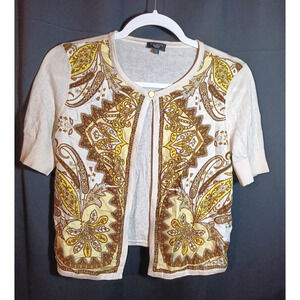 Talbots Petite 100% Silk Yellow Brown Gold Cream Short Sleeve Cardigan Top S
